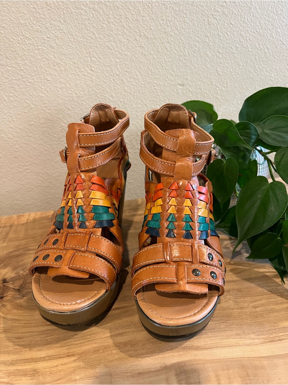 Tan Leather Platform Sandals with Multicolor Woven Accents